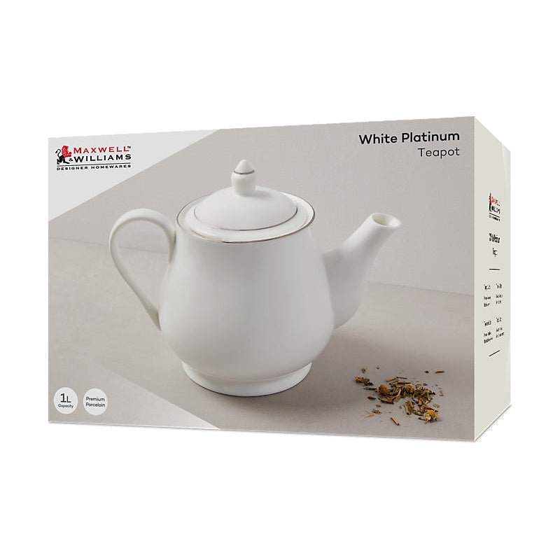 MW White Platinum Teapot 1L Platinum Gift Boxed