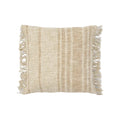 A square woven throw pillow in a natural beige and cream color palette with fringed edges, shown against a neutral light gray background.
