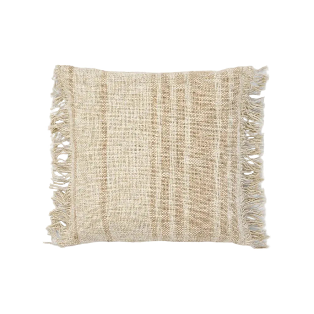 A square woven throw pillow in a natural beige and cream color palette with fringed edges, shown against a neutral light gray background.