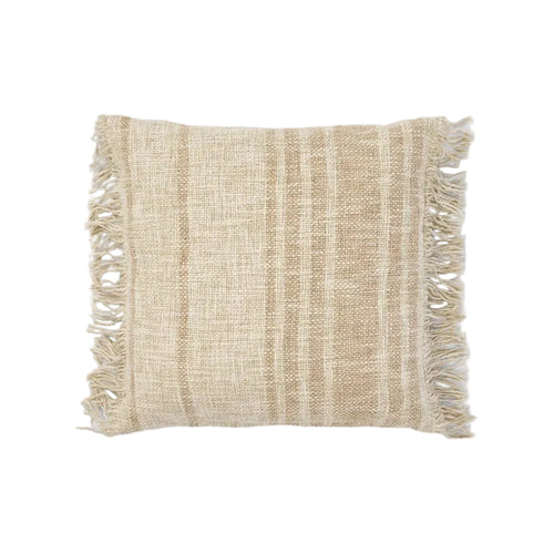A square woven throw pillow in a natural beige and cream color palette with fringed edges, shown against a neutral light gray background.