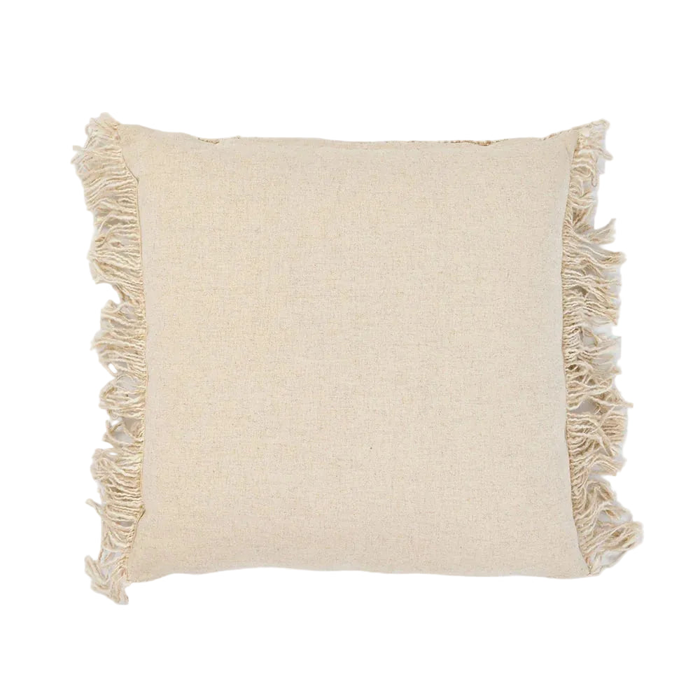 A square beige linen throw pillow with fringed edges, shown against a plain white background.