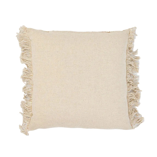 A square beige linen throw pillow with fringed edges, shown against a plain white background.