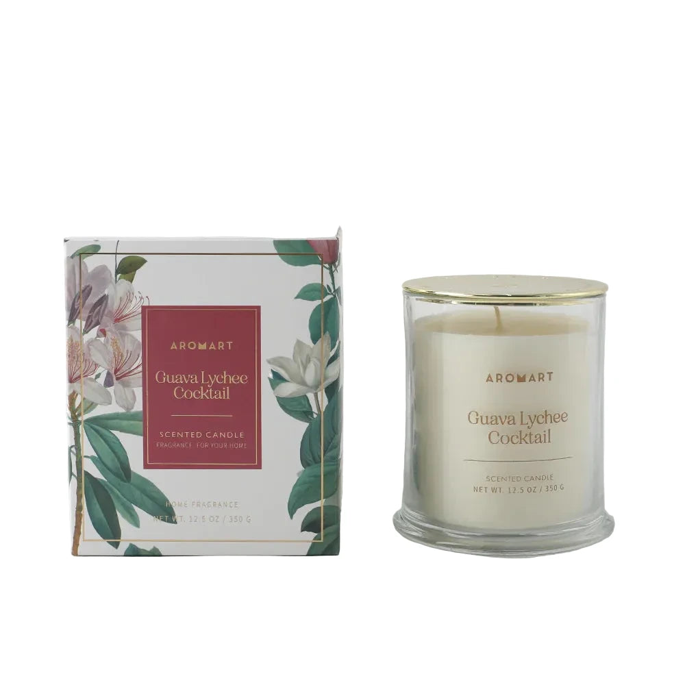 Aromart Guava Lychee Cocktail candle and its packaging on a white background