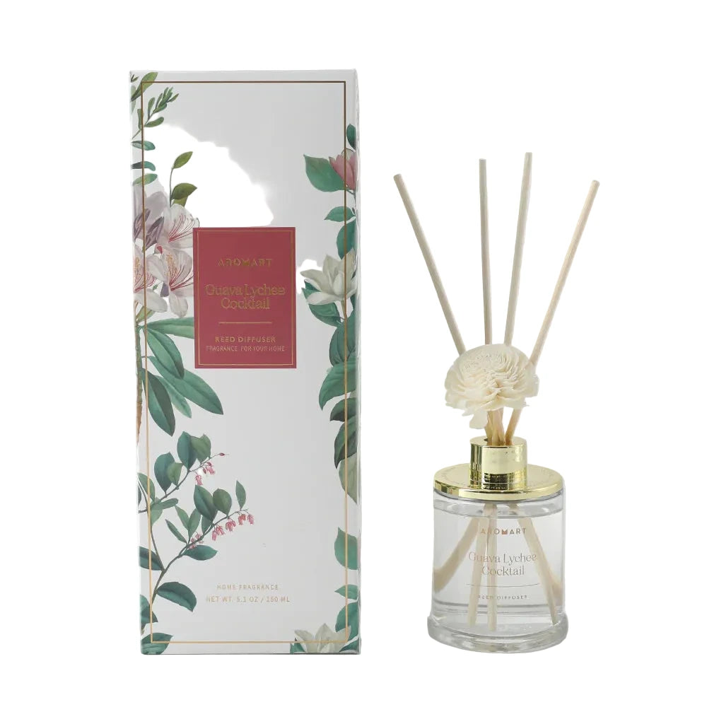 Aromat diffuser with floral packaging on a white background