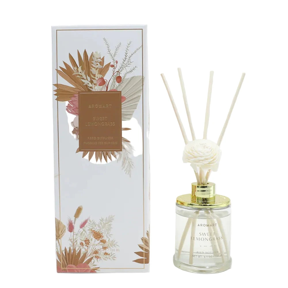 Aromatherapy diffuser with floral packaging on a white background