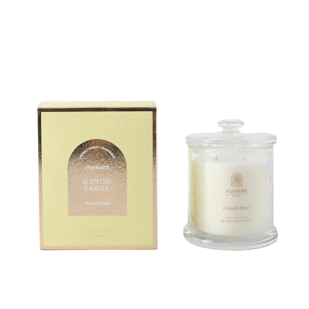 Fumare French Pear scented candle with packaging on a white background