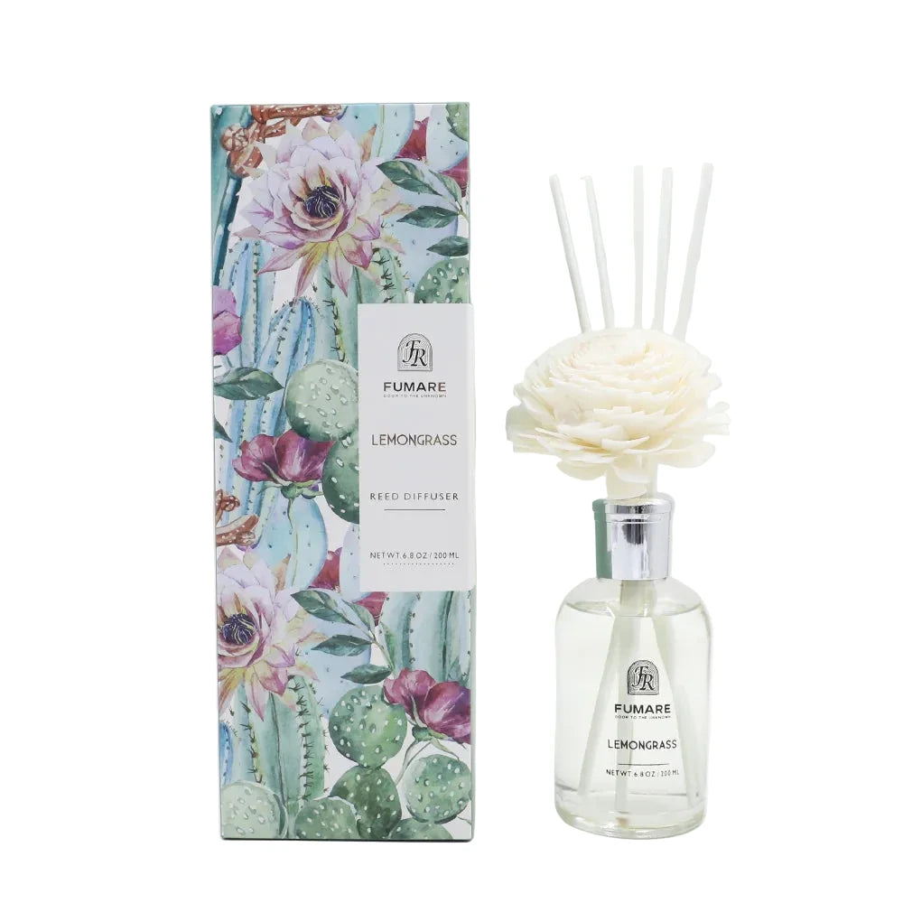 Fumare lemongrass diffuser with floral packaging on a white background