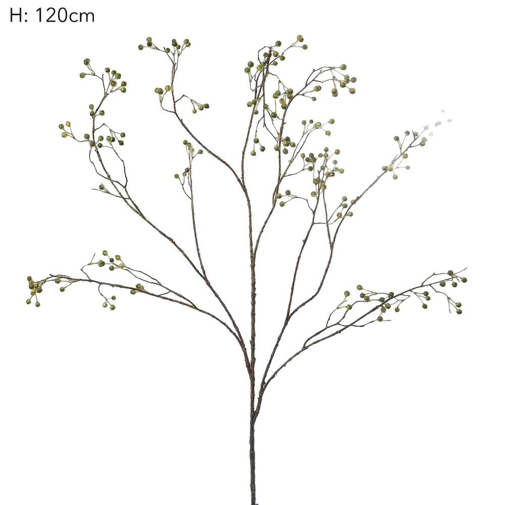 Artificial plant branch with small green buds on a white background