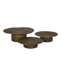 Set of three woven coffee tables on a white background