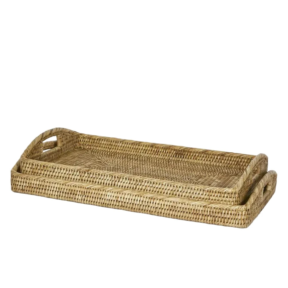 Woven tray with handles on a light gray background