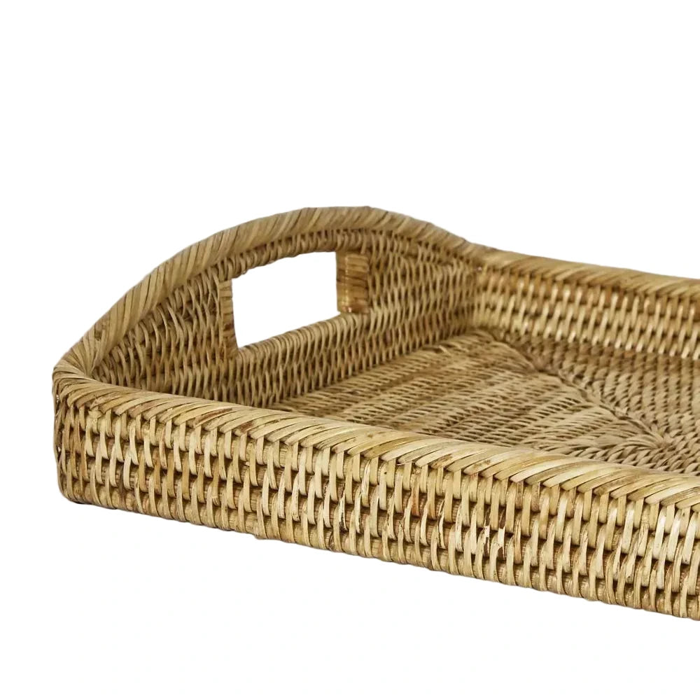 Woven rattan tray on a light gray background