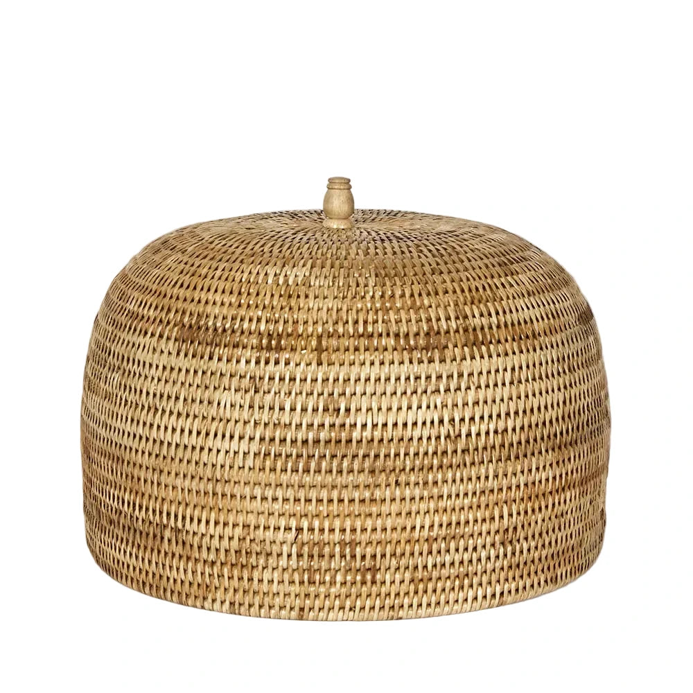 Woven rattan lid on a light gray background