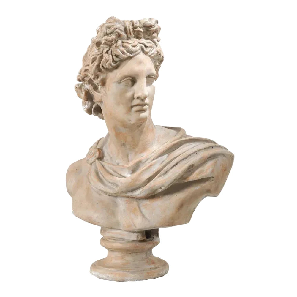 Marble bust of a classical figure on a white background