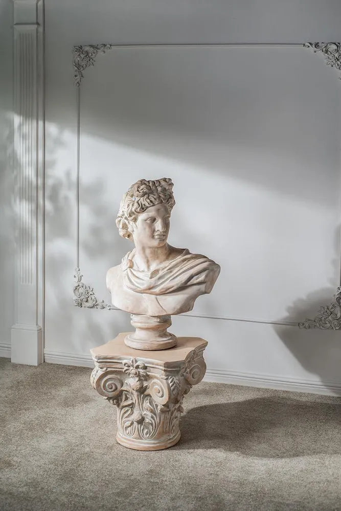 Marble bust on a decorative pedestal against a light wall.