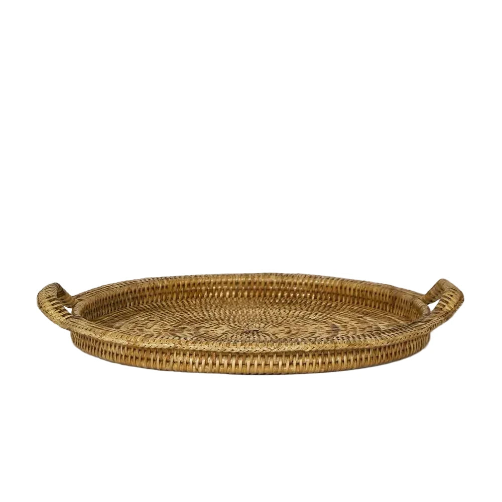 Woven rattan tray on a light gray background