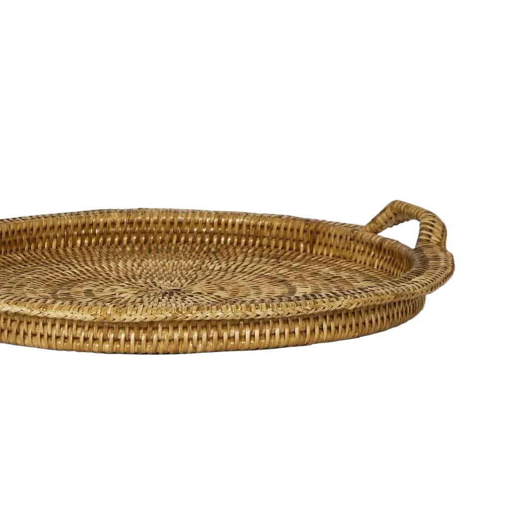 Woven rattan tray on a light gray background