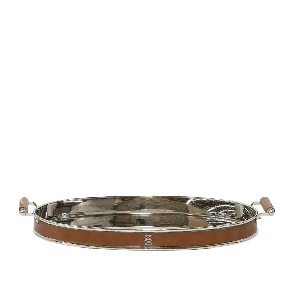 Round metal tray with brown leather rim on a white background