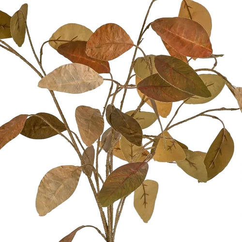 Artificial leaf branch with brown and green leaves on a white background