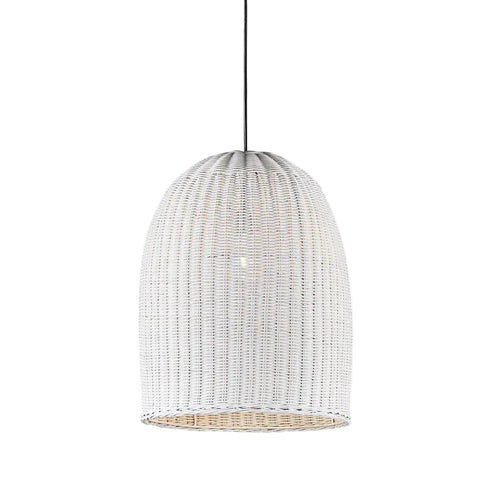 White woven pendant light on a white background
