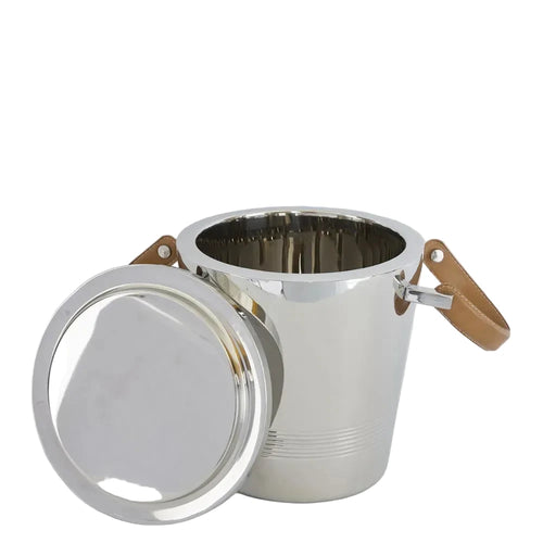 Silver ice bucket with brown leather handles on a light gray background