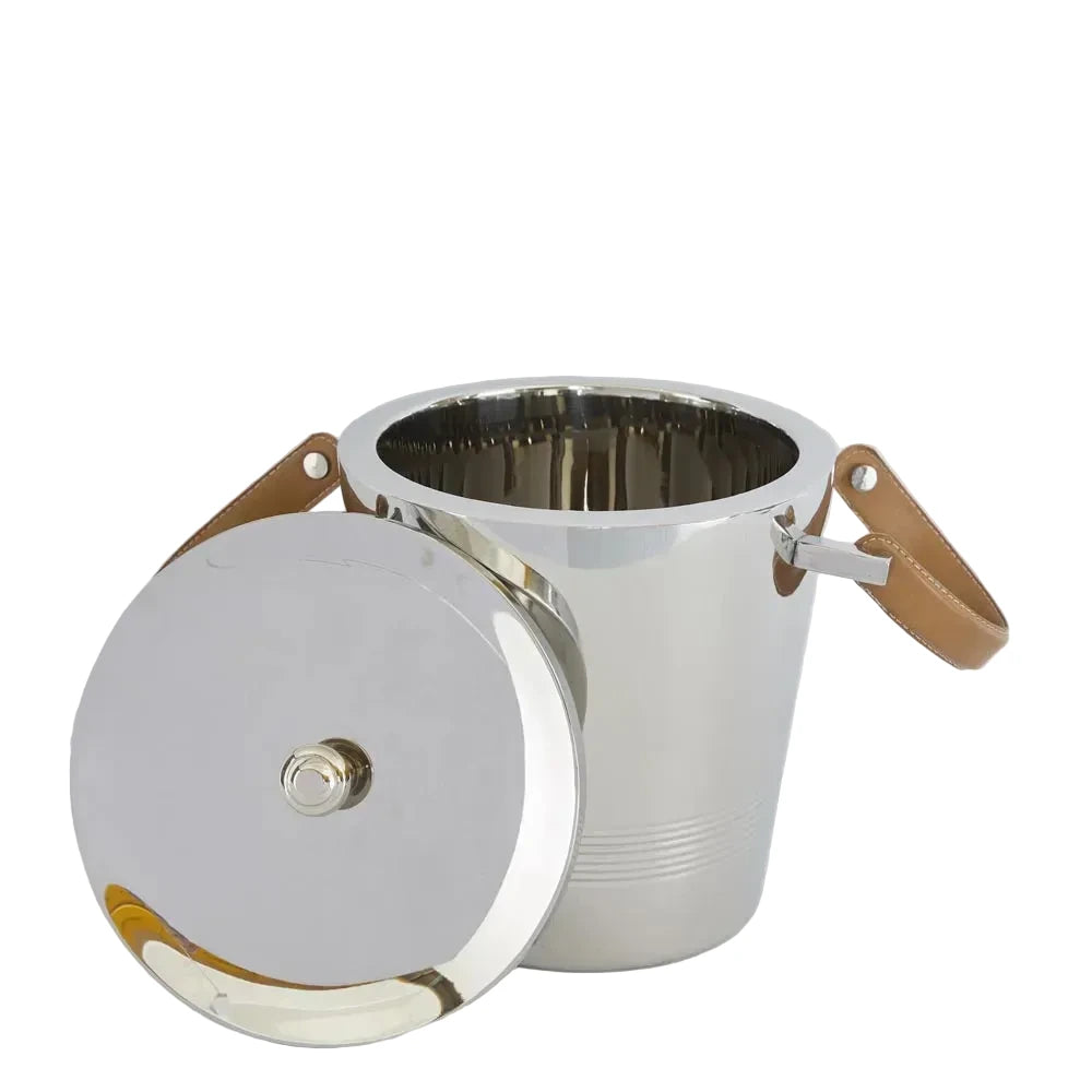 Metallic bucket with brown handles on a light gray background
