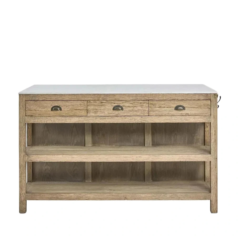 Wooden console table with white countertop on a white background