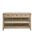 Wooden console table with white countertop on a white background