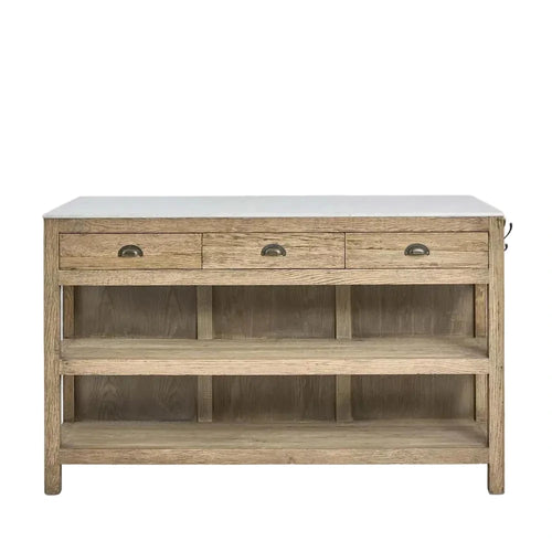 Wooden console table with white countertop on a white background