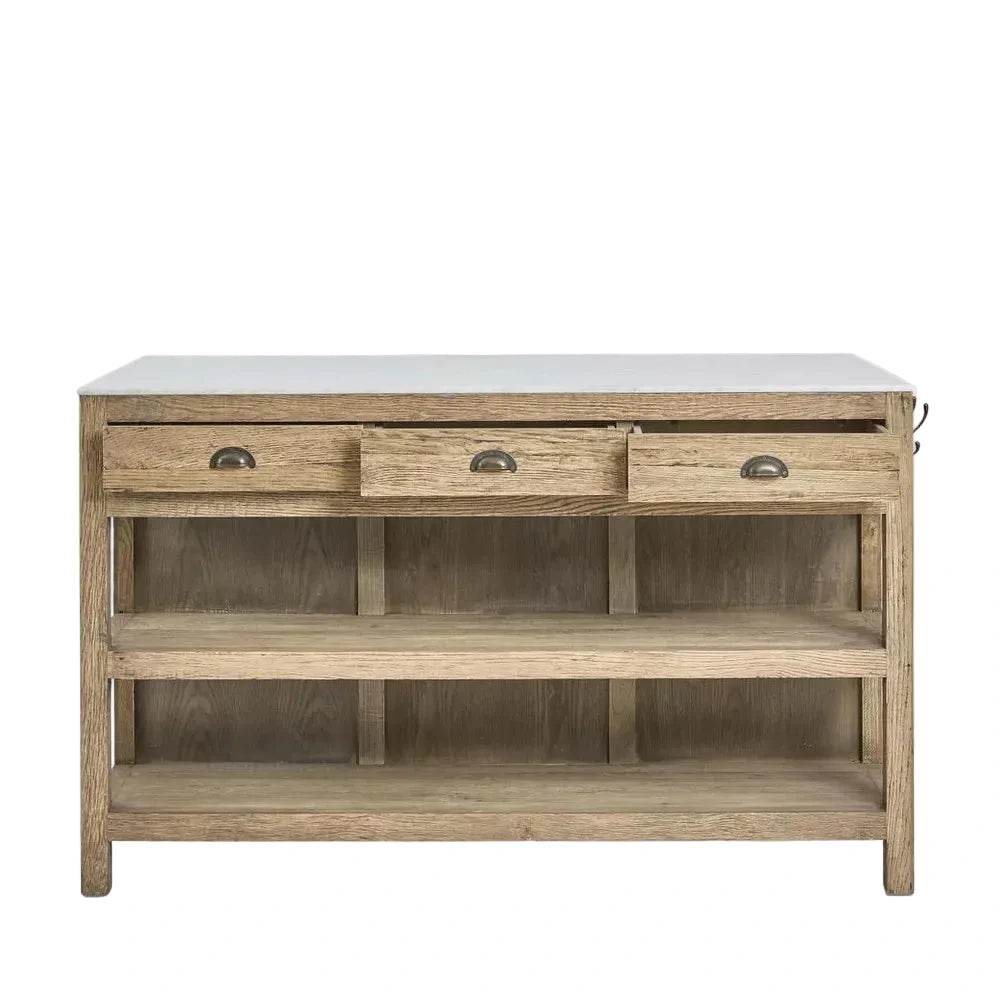 Wooden console table with white top on a white background