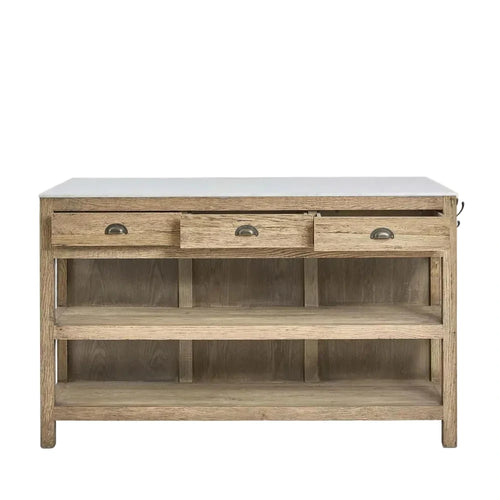 Wooden console table with white top on a white background