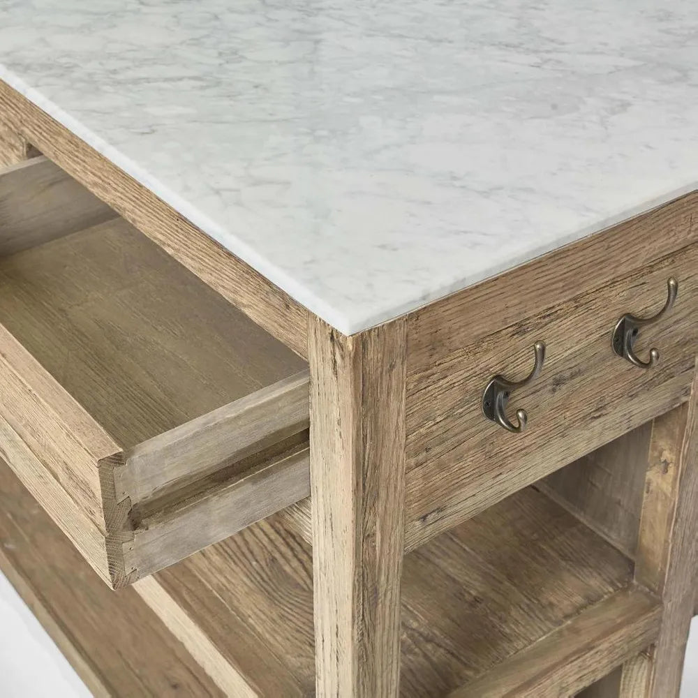 Wooden cabinet with marble countertop and hooks