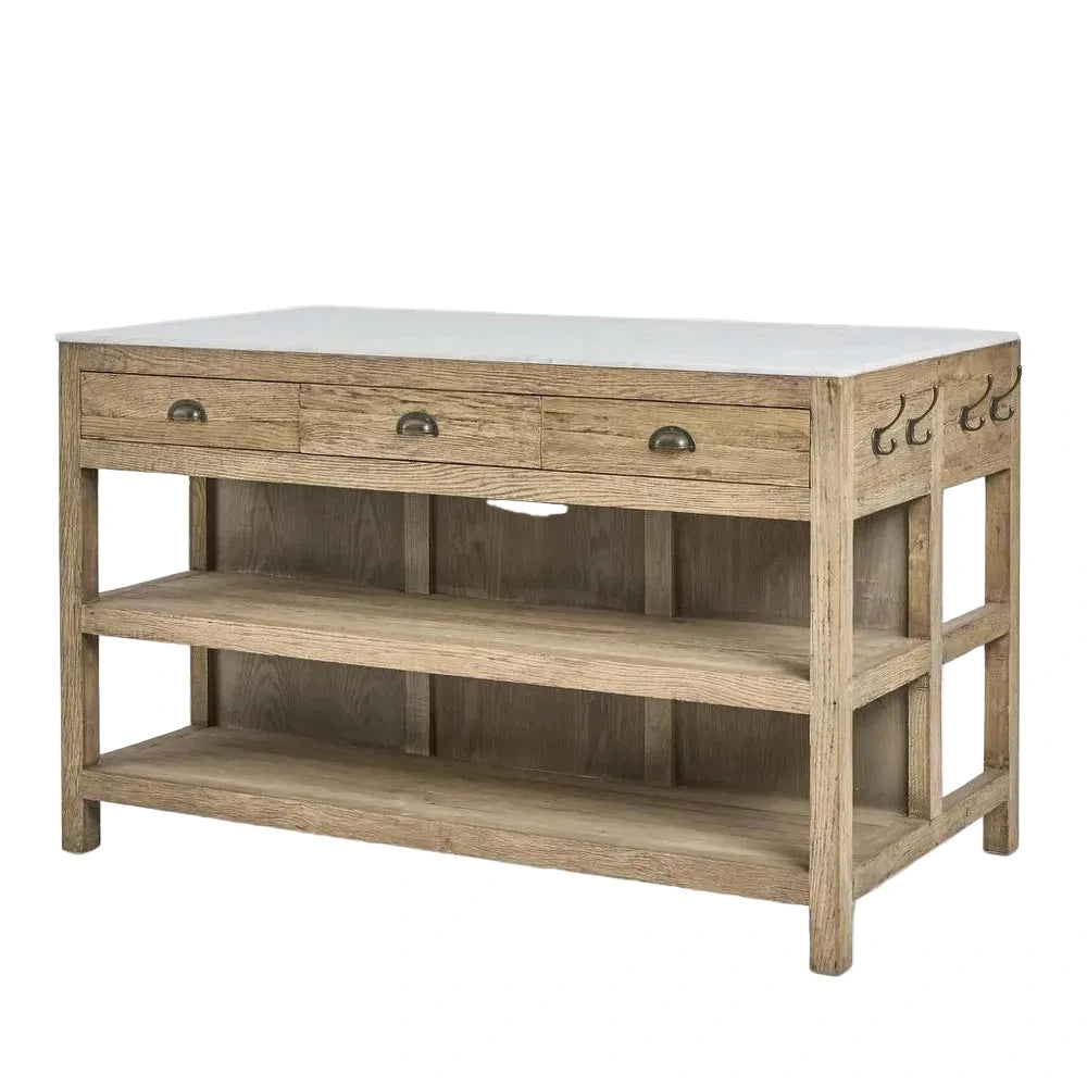 Wooden console table with two drawers and a shelf on a white background