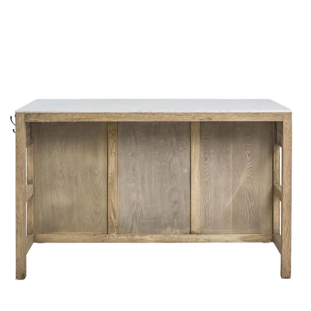 Wooden console table with a white top on a light gray background