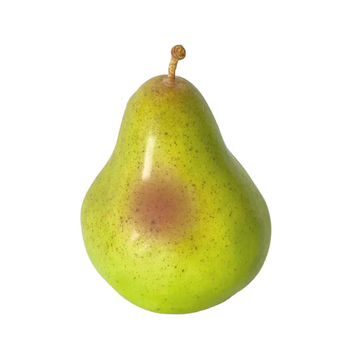 Green pear with a brown spot on a white background