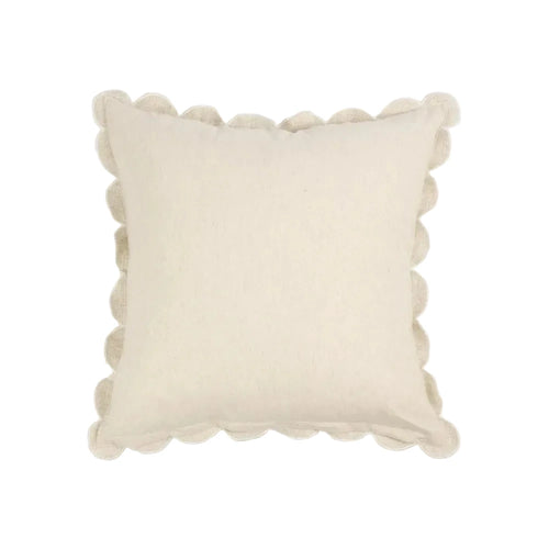 Beige pillow with textured trim on a white background