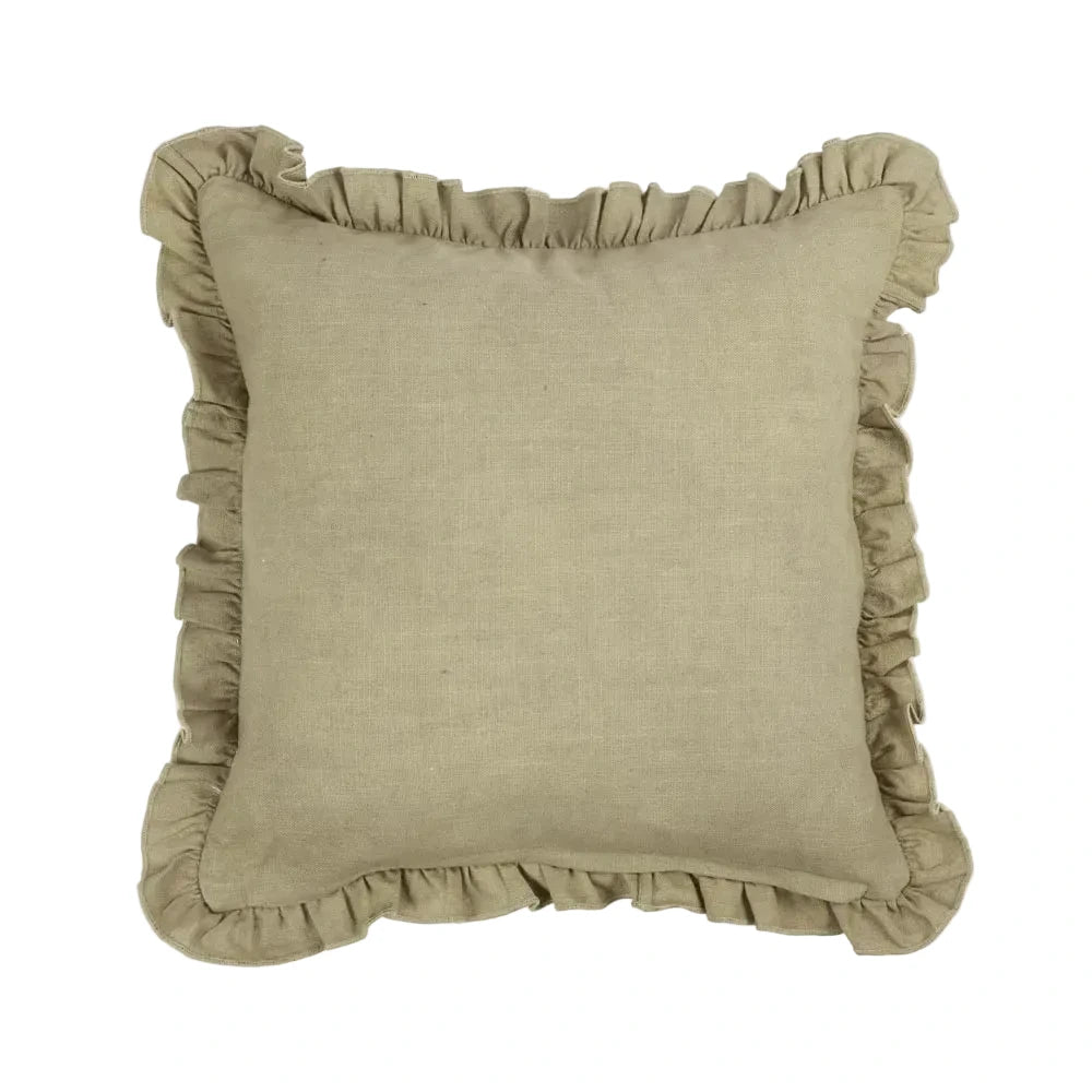 Beige pillow with ruffled edges on a white background