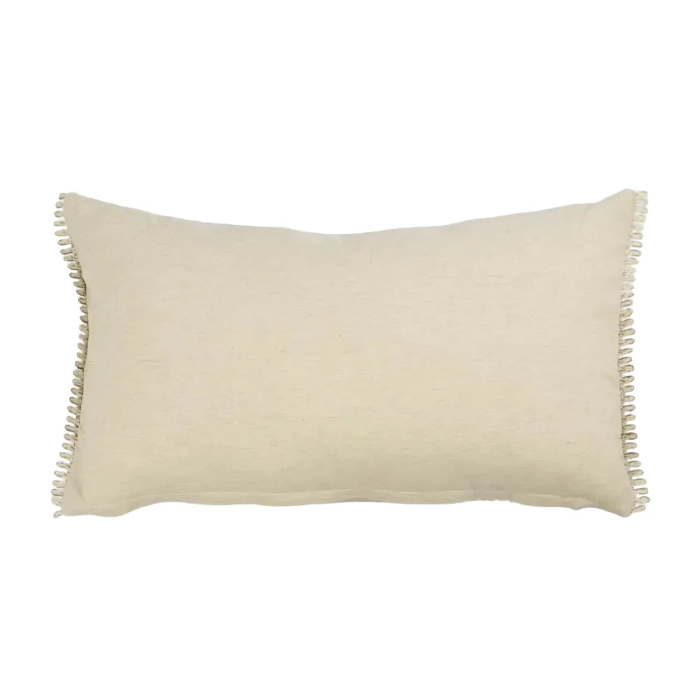 Beige pillow with frayed edges on a white background