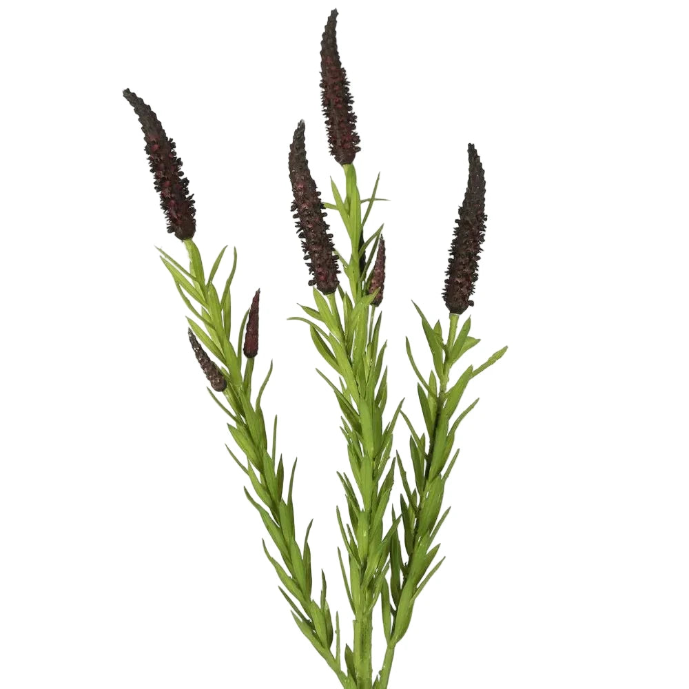 Artificial plant with green stems and brown buds on a white background