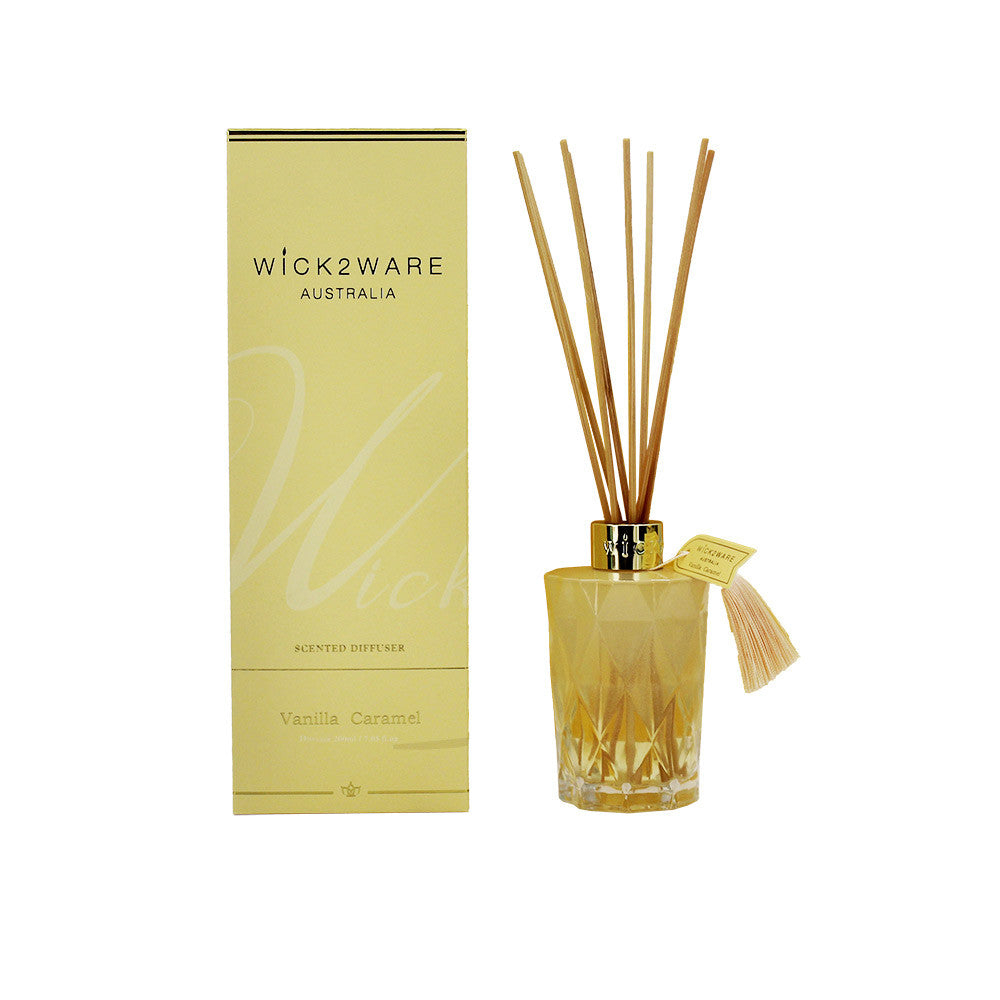 Wick2ware Australia vanilla caramel scented diffuser with packaging on a white background
