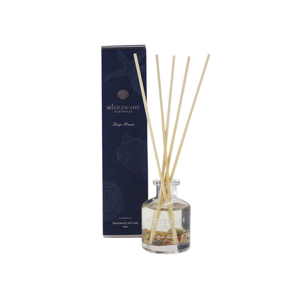 Reed diffuser set with bottle and sticks next to packaging on a white background