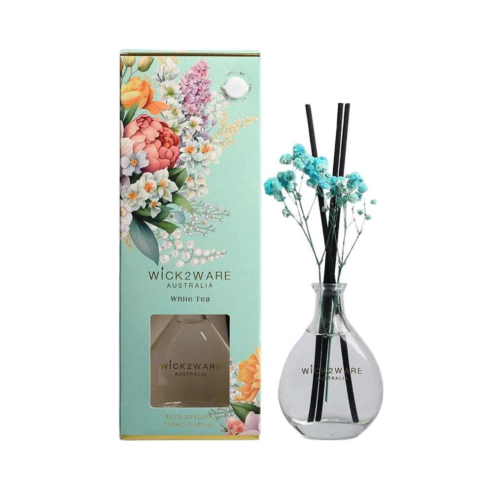 Wick2ware Australia diffuser bottle with floral packaging on a white background