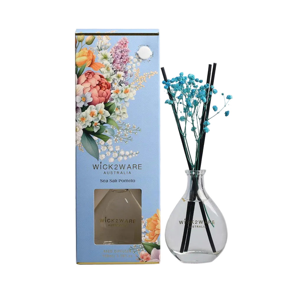 Wick2ware diffuser with floral packaging on a white background