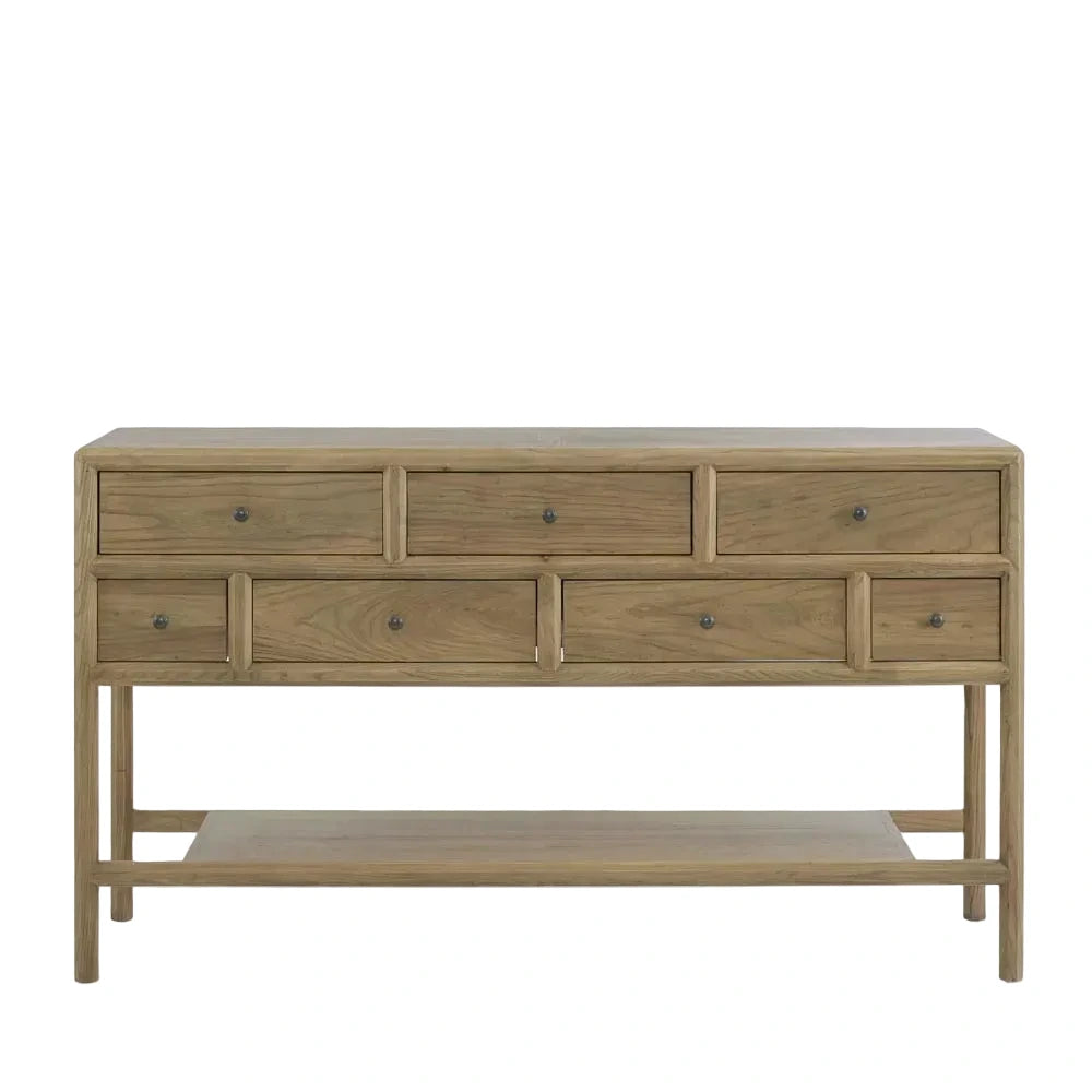 Wooden console table with multiple drawers on a white background