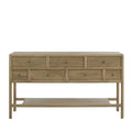 Wooden console table with multiple drawers on a white background