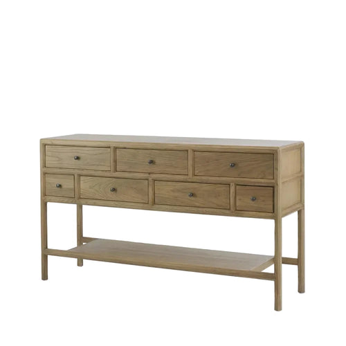 Wooden console table with multiple drawers on a white background