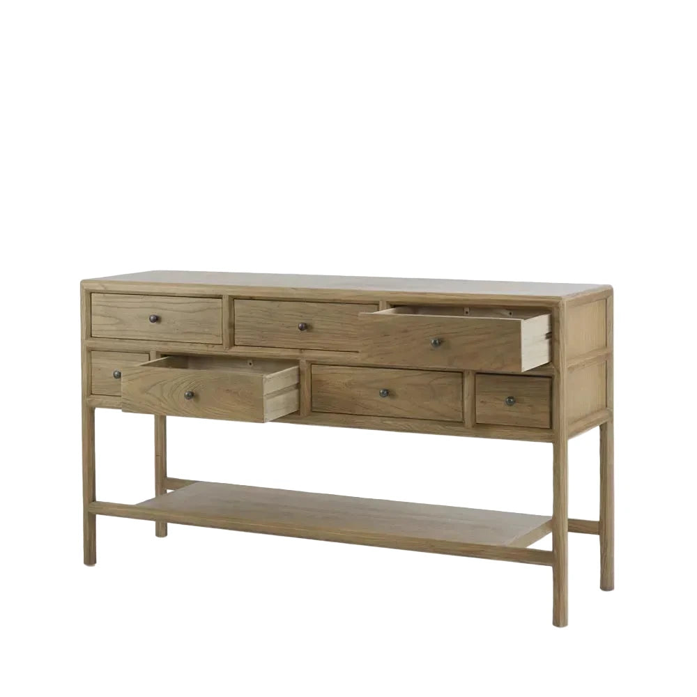 Wooden console table with multiple drawers on a white background