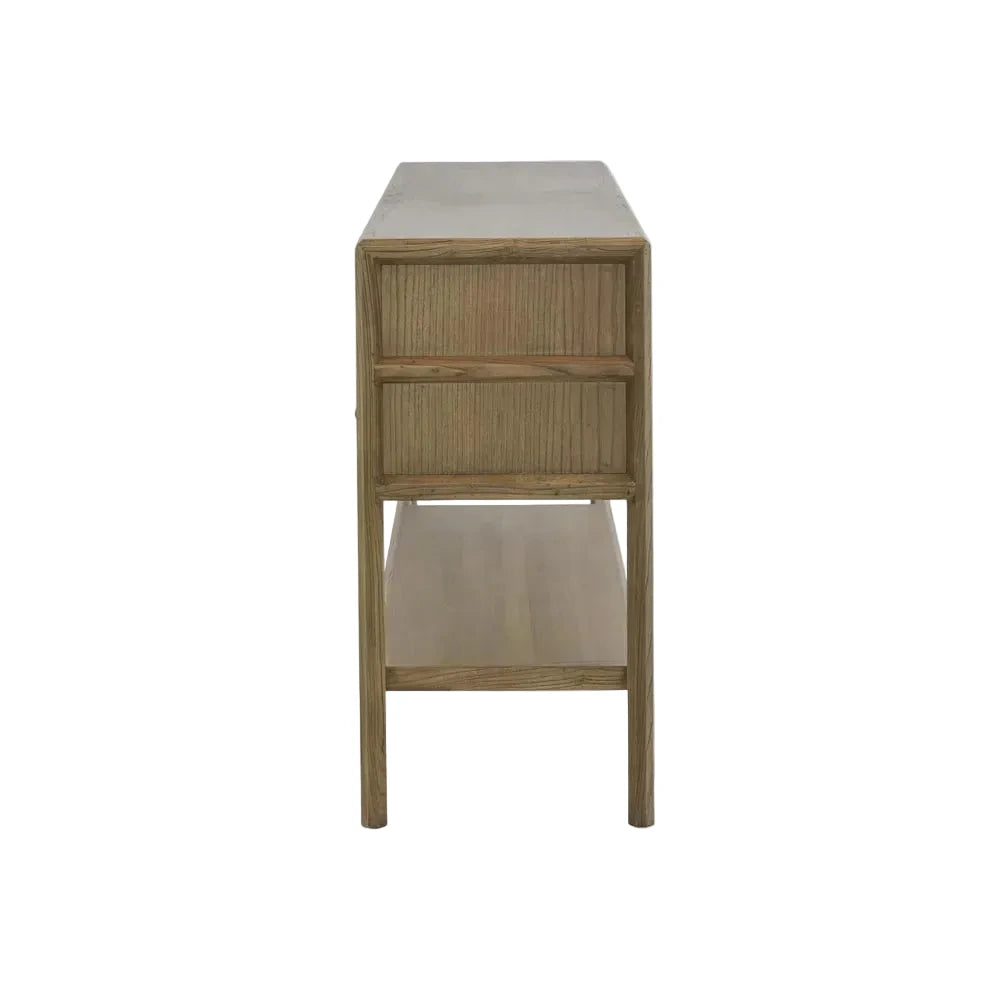 Wooden side table with wicker texture on a white background