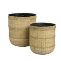 Two woven planters with black interior on a light gray background