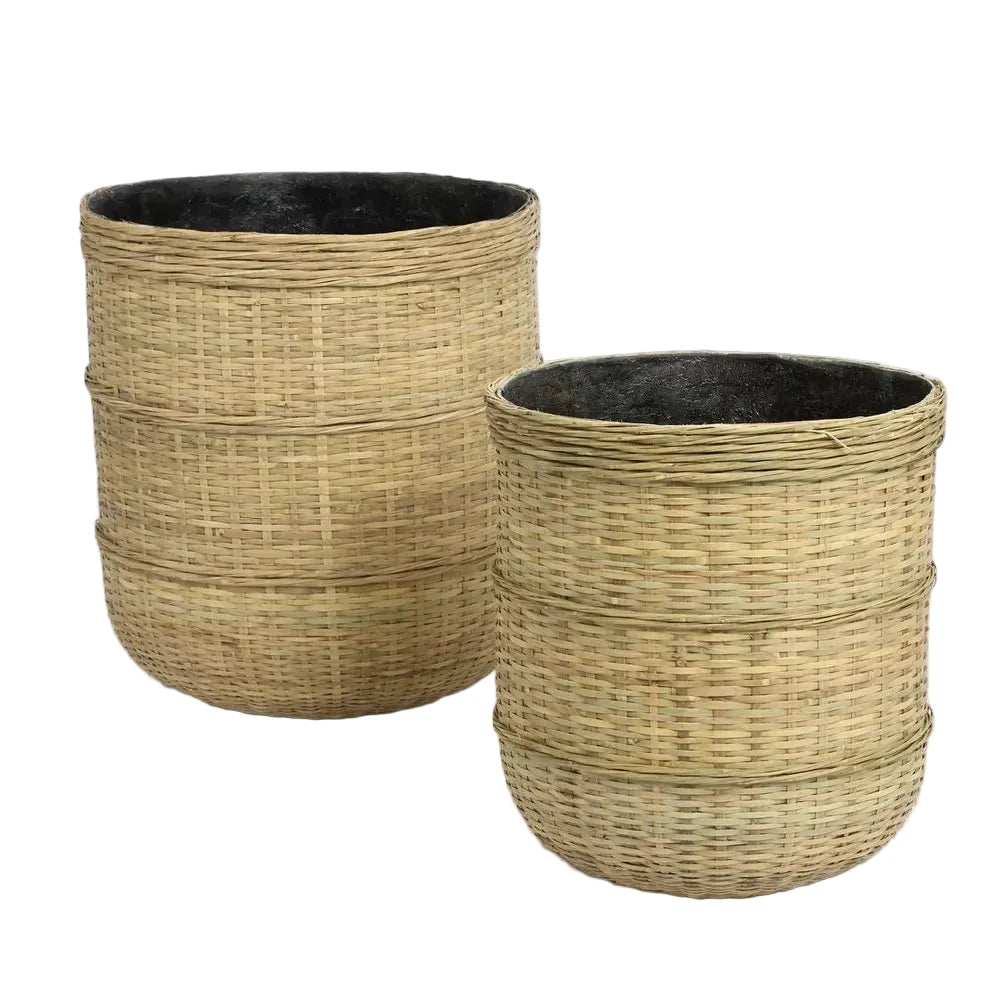 Two woven planters on a light gray background