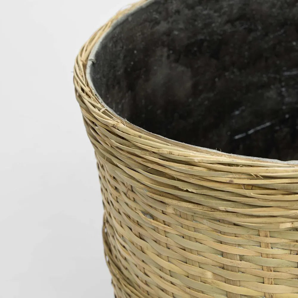 Close-up of a woven basket with a plain background